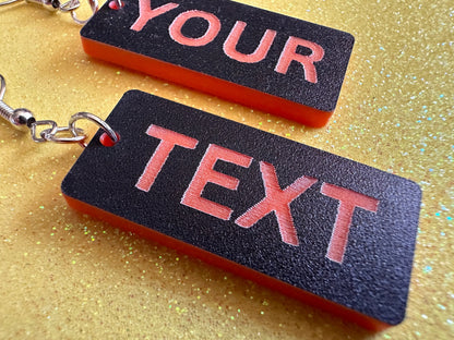 Custom Text Earrings: Laser Engraved Words, Black with Orange Text, Letters, Names, Teacher Gift, Anniversary, Best Gifts for Her/Him/Them