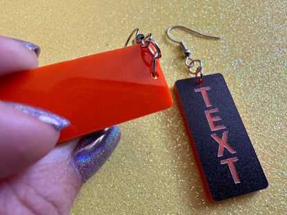 Custom Text Earrings: Laser Engraved Words, Black with Orange Text, Letters, Names, Teacher Gift, Anniversary, Best Gifts for Her/Him/Them