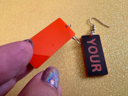 Custom Text Earrings: Laser Engraved Words, Black with Orange Text, Letters, Names, Teacher Gift, Anniversary, Best Gifts for Her/Him/Them