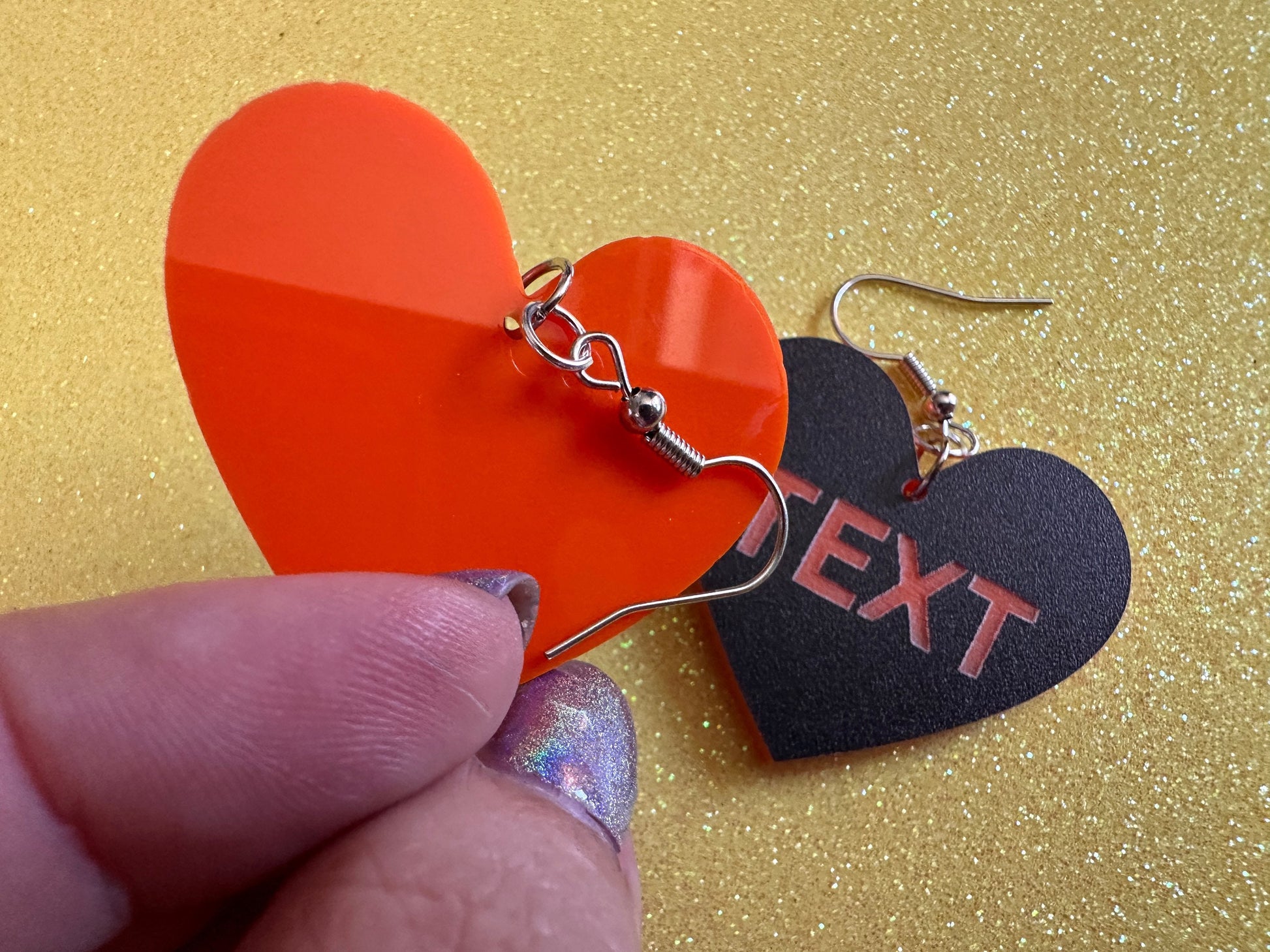 Custom Text Earrings: Laser Engraved Words, Black with Orange Text, Letters, Names, Teacher Gift, Anniversary, Best Gifts for Her/Him/Them