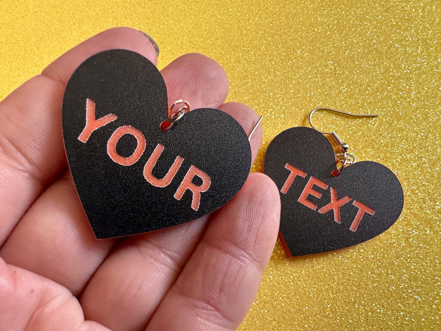 Custom Text Earrings: Laser Engraved Words, Black with Orange Text, Letters, Names, Teacher Gift, Anniversary, Best Gifts for Her/Him/Them