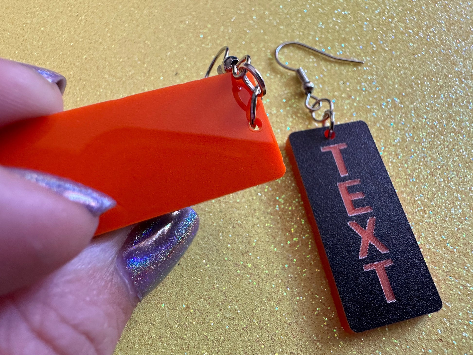Custom Text Earrings: Laser Engraved Words, Black with Orange Text, Letters, Names, Teacher Gift, Anniversary, Best Gifts for Her/Him/Them