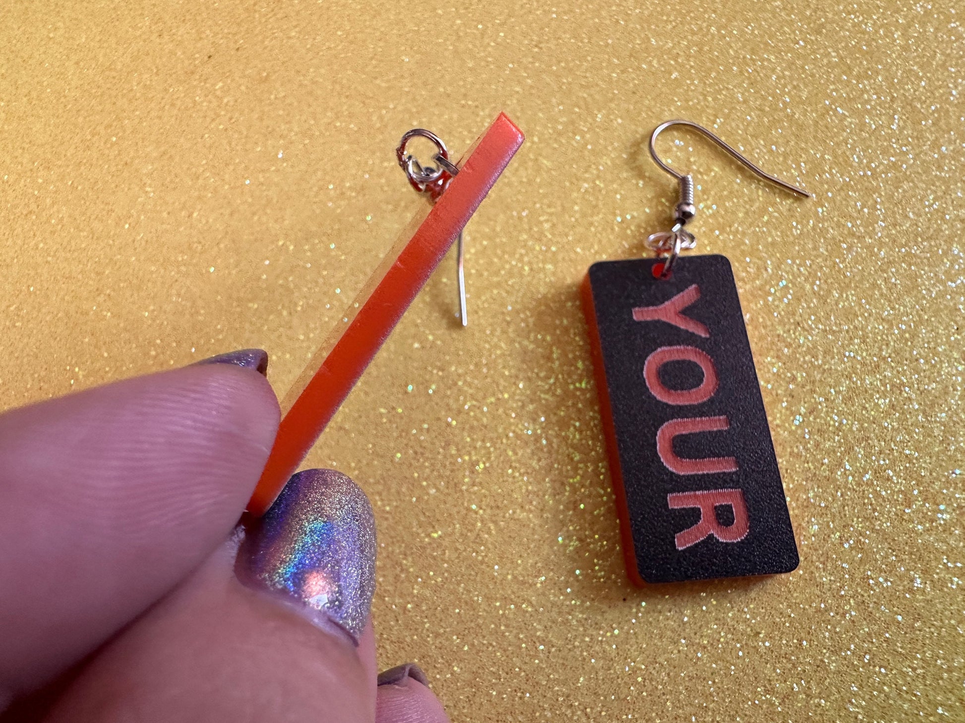 Custom Text Earrings: Laser Engraved Words, Black with Orange Text, Letters, Names, Teacher Gift, Anniversary, Best Gifts for Her/Him/Them
