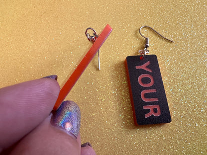 Custom Text Earrings: Laser Engraved Words, Black with Orange Text, Letters, Names, Teacher Gift, Anniversary, Best Gifts for Her/Him/Them