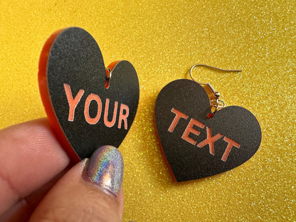 Custom Text Earrings: Laser Engraved Words, Black with Orange Text, Letters, Names, Teacher Gift, Anniversary, Best Gifts for Her/Him/Them