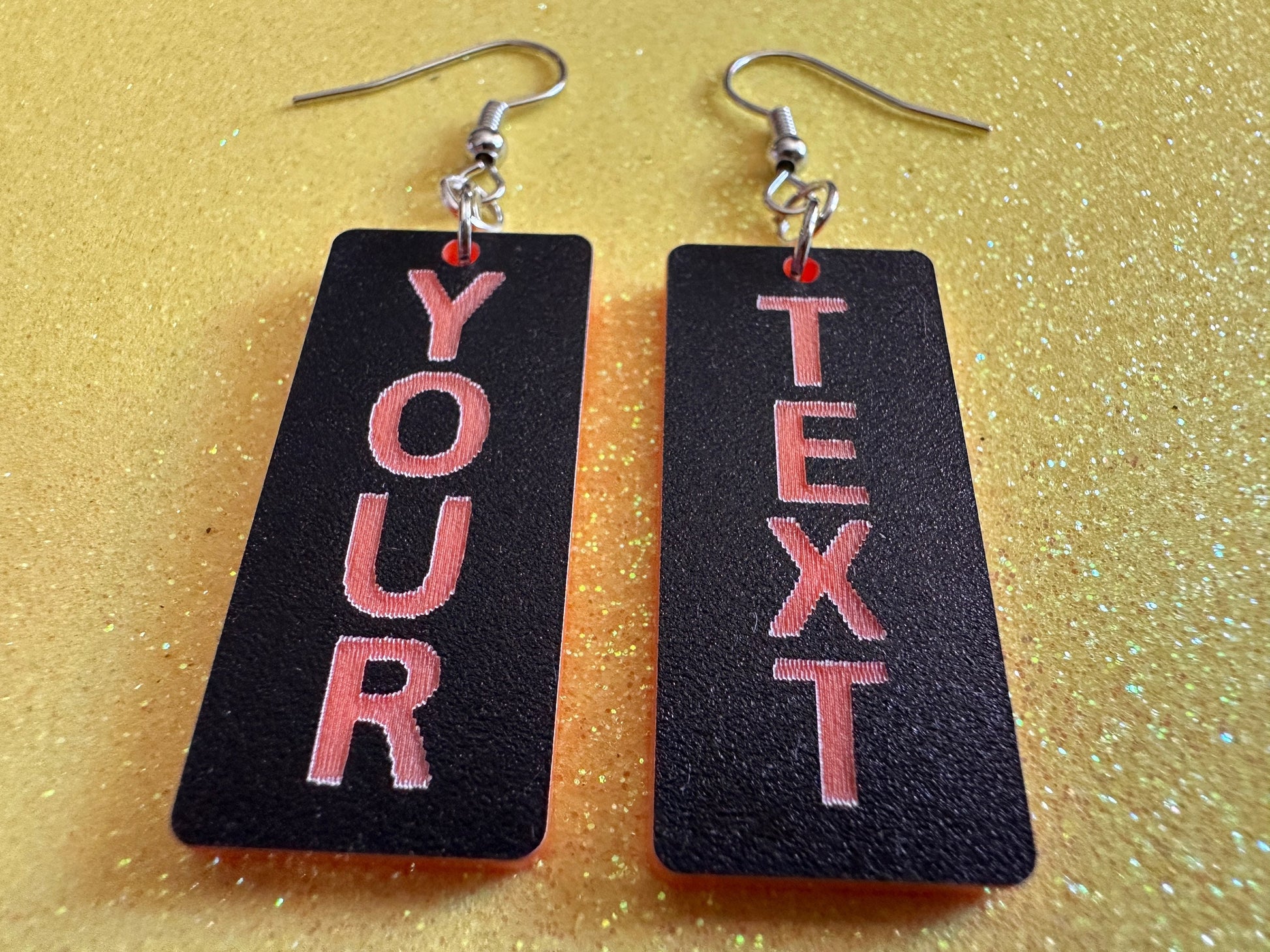 Custom Text Earrings: Laser Engraved Words, Black with Orange Text, Letters, Names, Teacher Gift, Anniversary, Best Gifts for Her/Him/Them