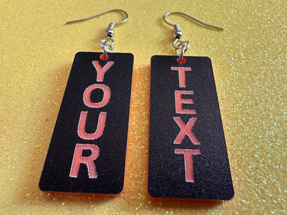 Custom Text Earrings: Laser Engraved Words, Black with Orange Text, Letters, Names, Teacher Gift, Anniversary, Best Gifts for Her/Him/Them