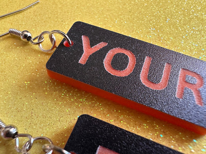 Custom Text Earrings: Laser Engraved Words, Black with Orange Text, Letters, Names, Teacher Gift, Anniversary, Best Gifts for Her/Him/Them