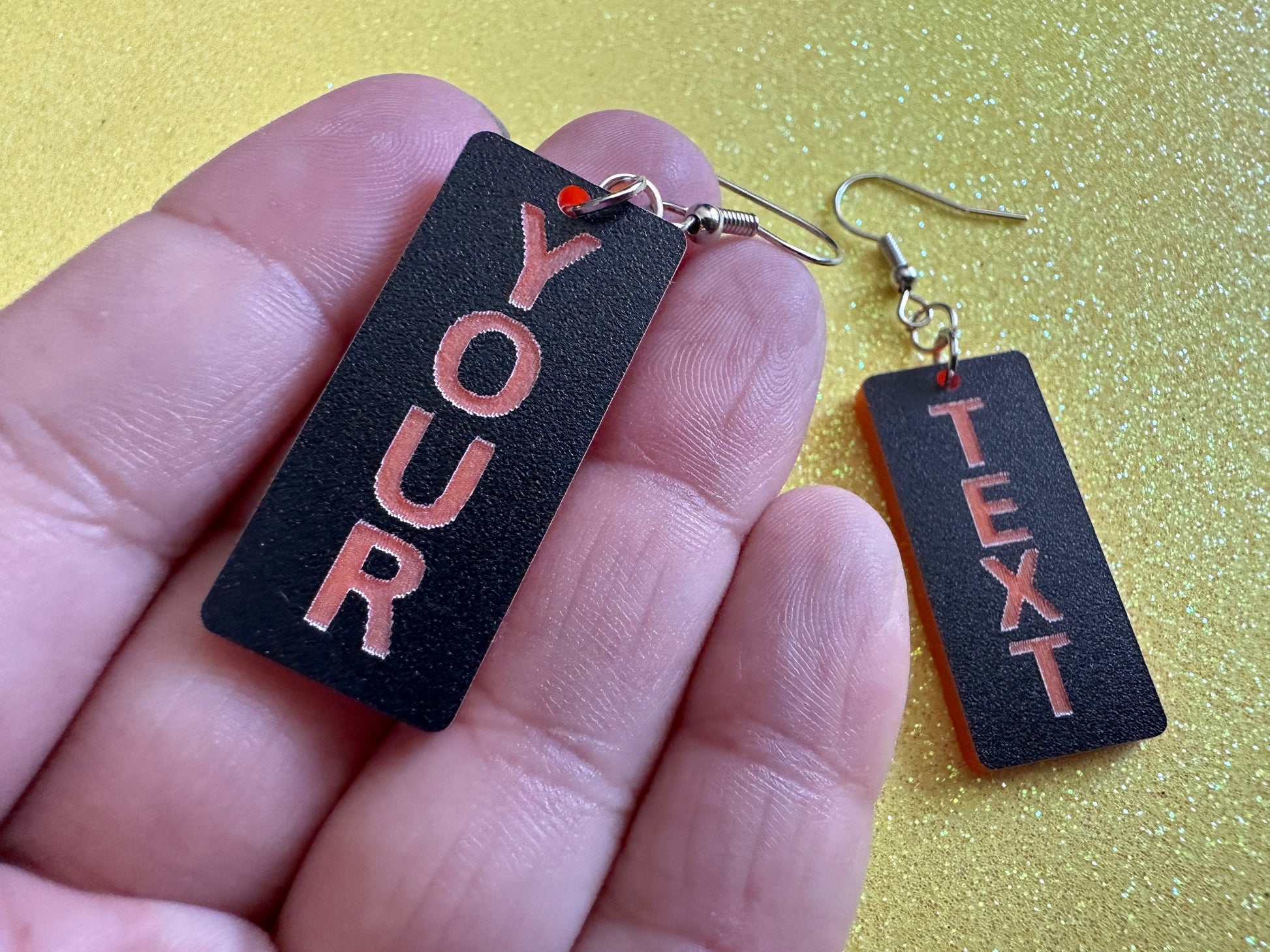 Custom Text Earrings: Laser Engraved Words, Black with Orange Text, Letters, Names, Teacher Gift, Anniversary, Best Gifts for Her/Him/Them