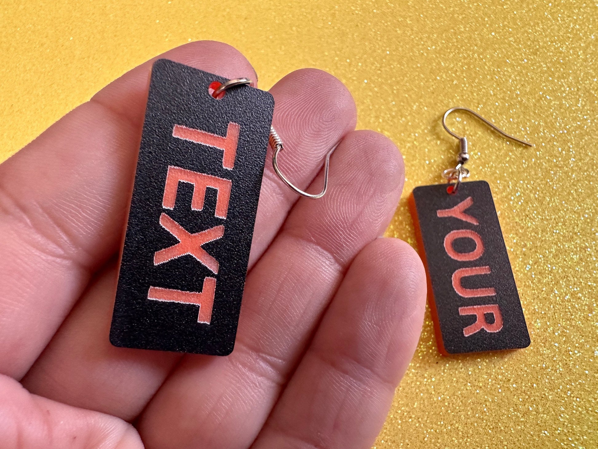 Custom Text Earrings: Laser Engraved Words, Black with Orange Text, Letters, Names, Teacher Gift, Anniversary, Best Gifts for Her/Him/Them