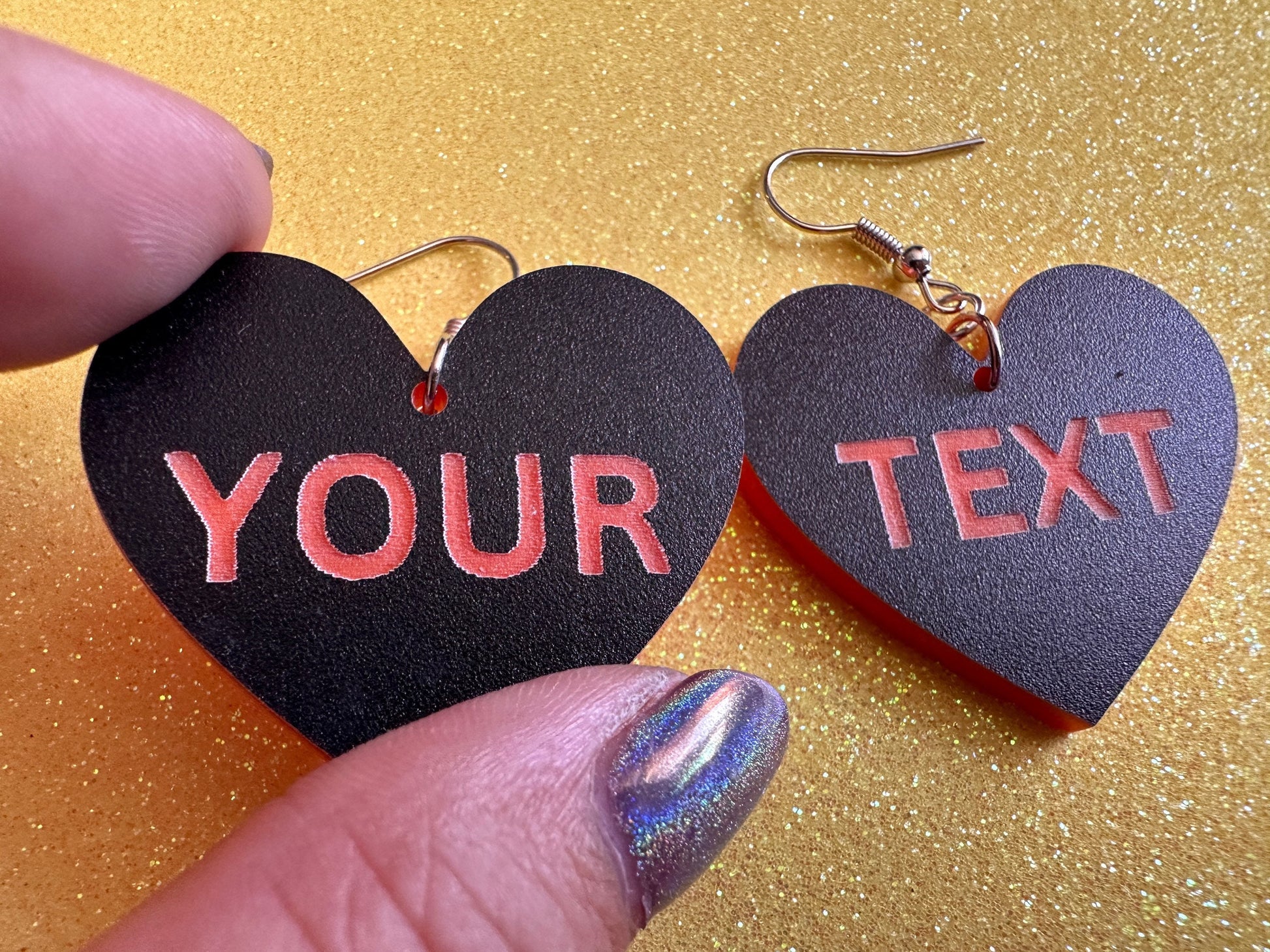 Custom Text Earrings: Laser Engraved Words, Black with Orange Text, Letters, Names, Teacher Gift, Anniversary, Best Gifts for Her/Him/Them