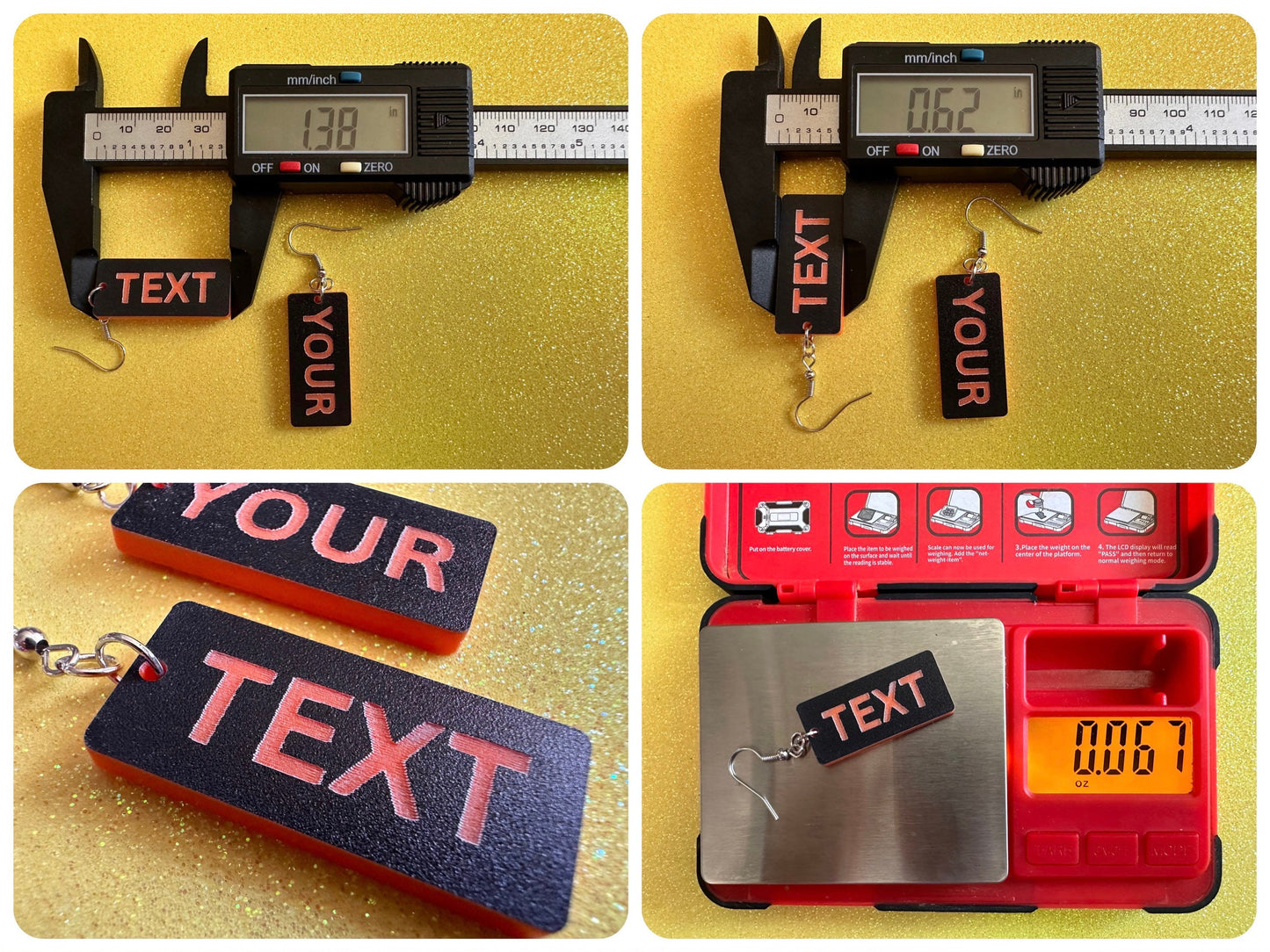 Custom Text Earrings: Laser Engraved Words, Black with Orange Text, Letters, Names, Teacher Gift, Anniversary, Best Gifts for Her/Him/Them