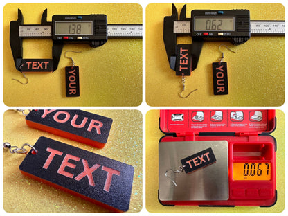 Custom Text Earrings: Laser Engraved Words, Black with Orange Text, Letters, Names, Teacher Gift, Anniversary, Best Gifts for Her/Him/Them