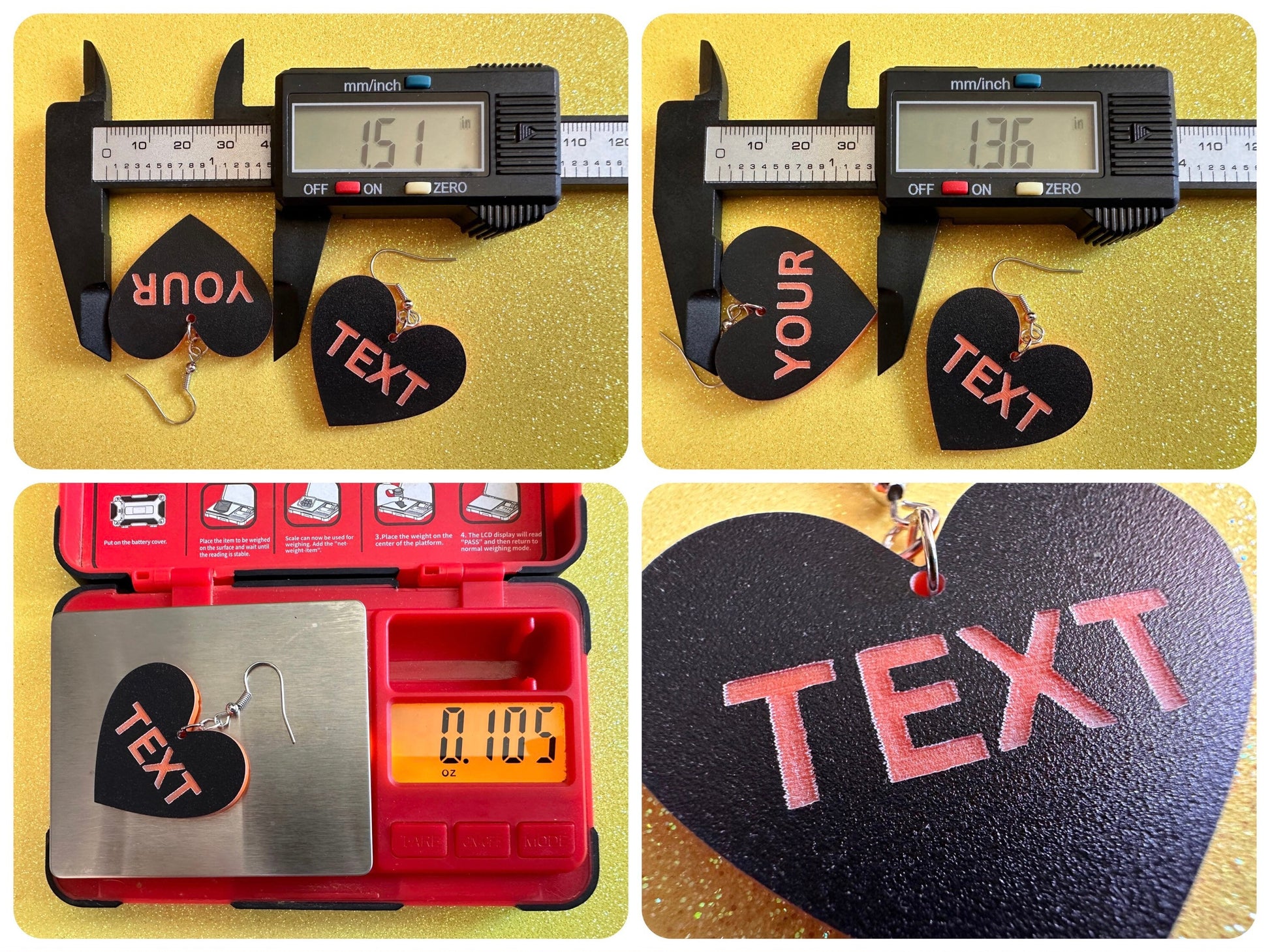 Custom Text Earrings: Laser Engraved Words, Black with Orange Text, Letters, Names, Teacher Gift, Anniversary, Best Gifts for Her/Him/Them