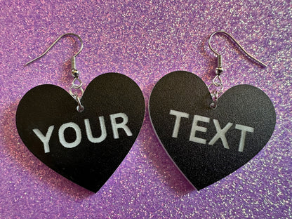 Custom Text Earrings: Laser Engraved Words, Black with White Text, Letters, Names, Teacher Gift, Anniversary, Best Gifts for Her/Him/Them