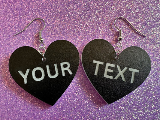 Custom Text Earrings: Laser Engraved Words, Black with White Text, Letters, Names, Teacher Gift, Anniversary, Best Gifts for Her/Him/Them