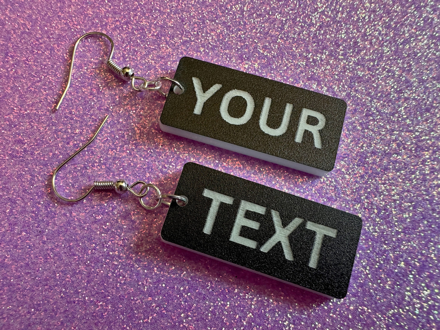 Custom Text Earrings: Laser Engraved Words, Black with White Text, Letters, Names, Teacher Gift, Anniversary, Best Gifts for Her/Him/Them