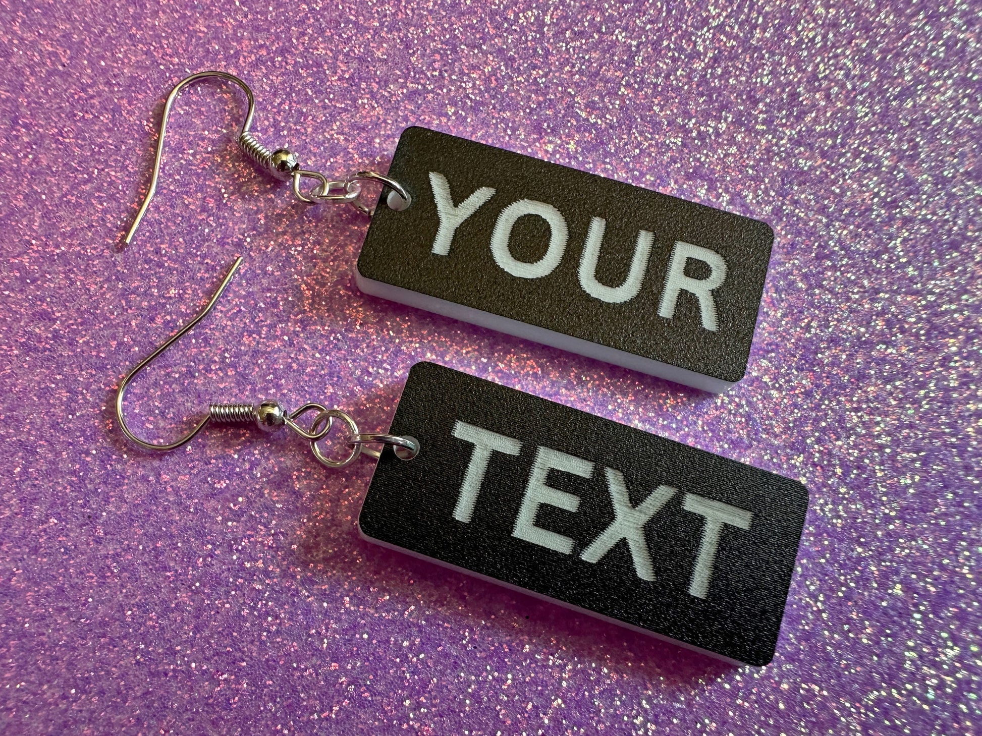 Custom Text Earrings: Laser Engraved Words, Black with White Text, Letters, Names, Teacher Gift, Anniversary, Best Gifts for Her/Him/Them