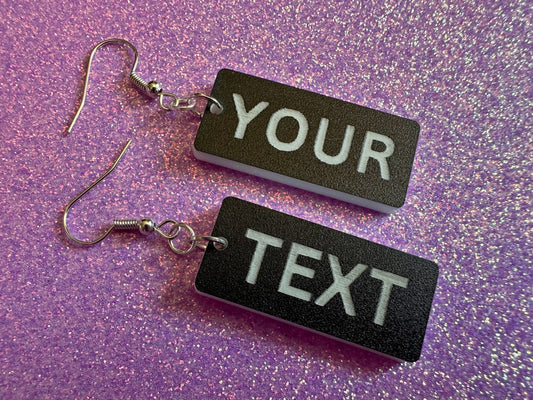 Custom Text Earrings: Laser Engraved Words, Black with White Text, Letters, Names, Teacher Gift, Anniversary, Best Gifts for Her/Him/Them