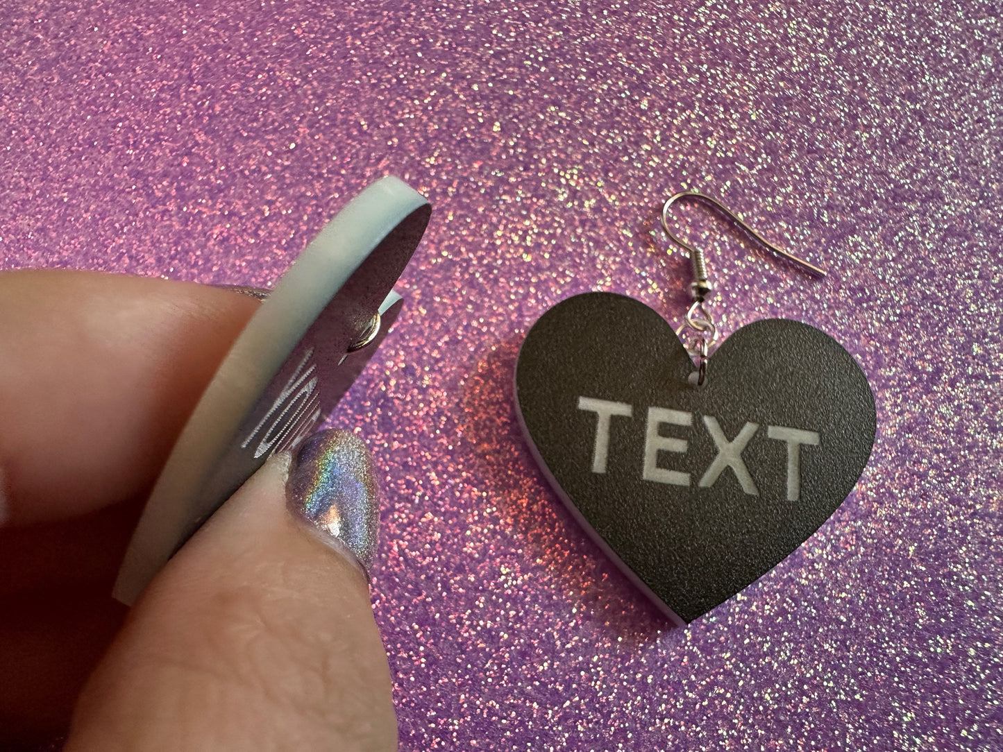 Custom Text Earrings: Laser Engraved Words, Black with White Text, Letters, Names, Teacher Gift, Anniversary, Best Gifts for Her/Him/Them