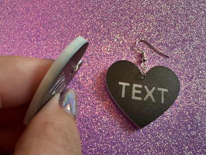 Custom Text Earrings: Laser Engraved Words, Black with White Text, Letters, Names, Teacher Gift, Anniversary, Best Gifts for Her/Him/Them