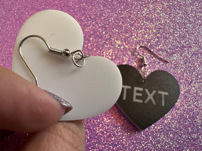 Custom Text Earrings: Laser Engraved Words, Black with White Text, Letters, Names, Teacher Gift, Anniversary, Best Gifts for Her/Him/Them