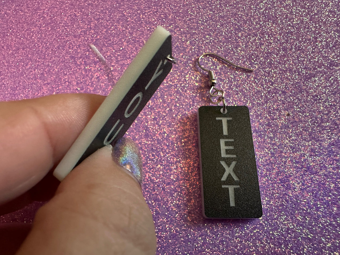 Custom Text Earrings: Laser Engraved Words, Black with White Text, Letters, Names, Teacher Gift, Anniversary, Best Gifts for Her/Him/Them