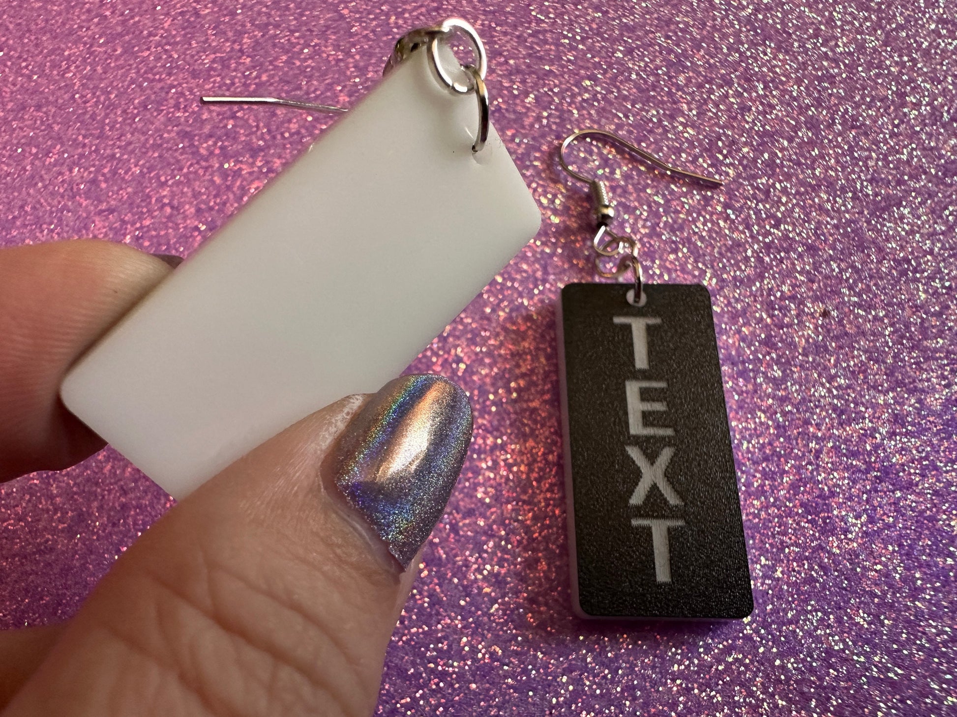 Custom Text Earrings: Laser Engraved Words, Black with White Text, Letters, Names, Teacher Gift, Anniversary, Best Gifts for Her/Him/Them
