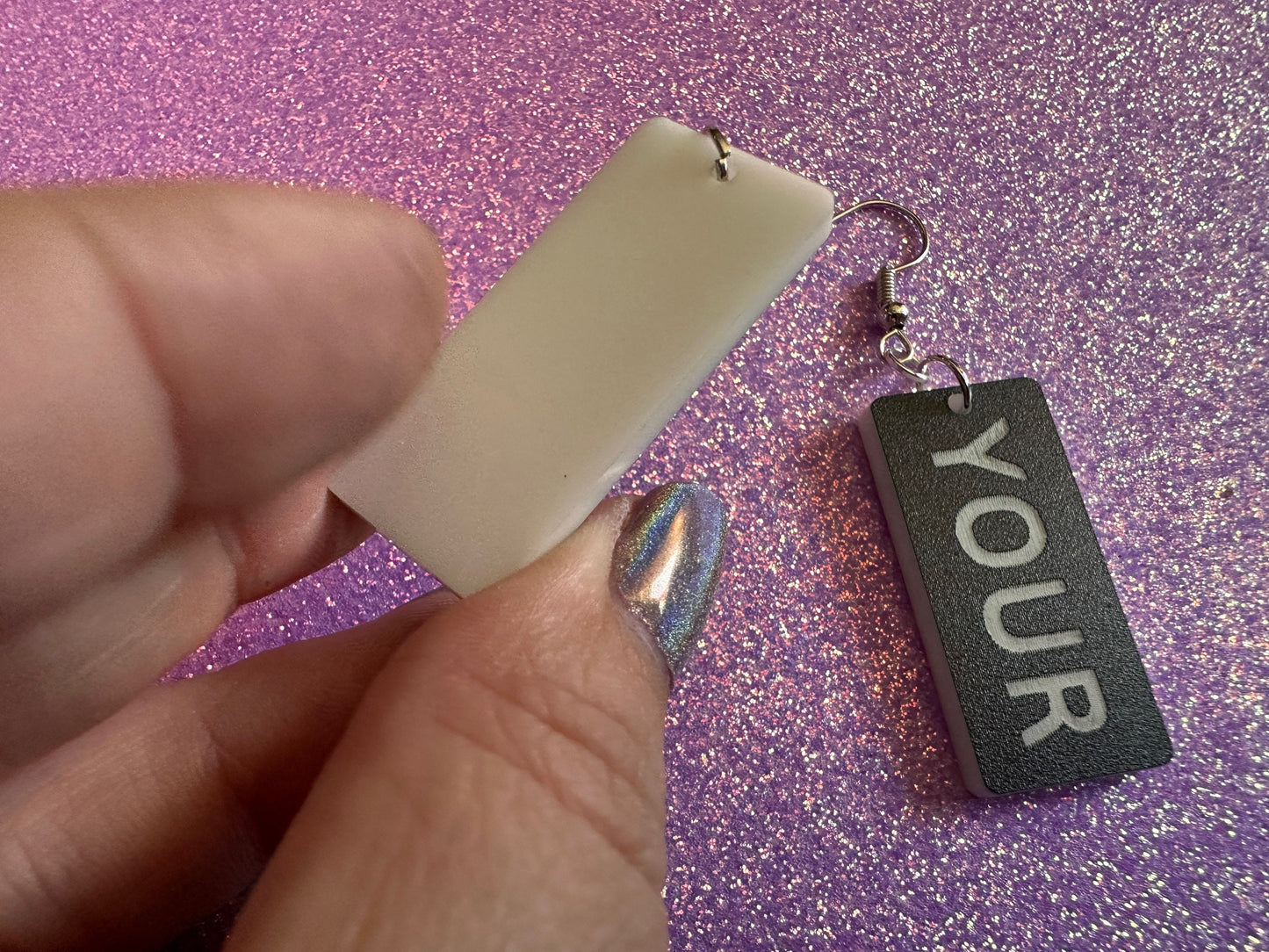 Custom Text Earrings: Laser Engraved Words, Black with White Text, Letters, Names, Teacher Gift, Anniversary, Best Gifts for Her/Him/Them