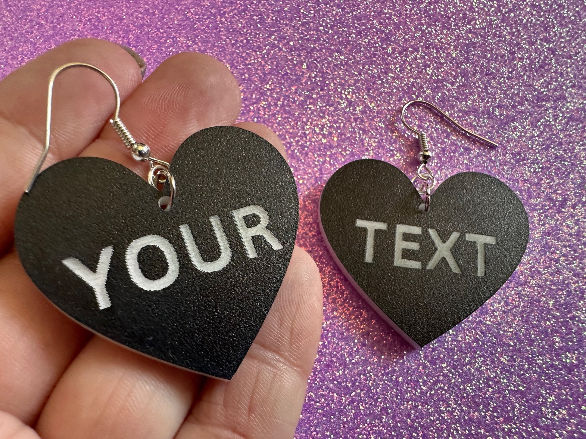 Custom Text Earrings: Laser Engraved Words, Black with White Text, Letters, Names, Teacher Gift, Anniversary, Best Gifts for Her/Him/Them