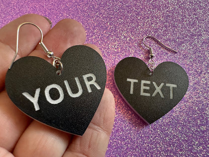 Custom Text Earrings: Laser Engraved Words, Black with White Text, Letters, Names, Teacher Gift, Anniversary, Best Gifts for Her/Him/Them