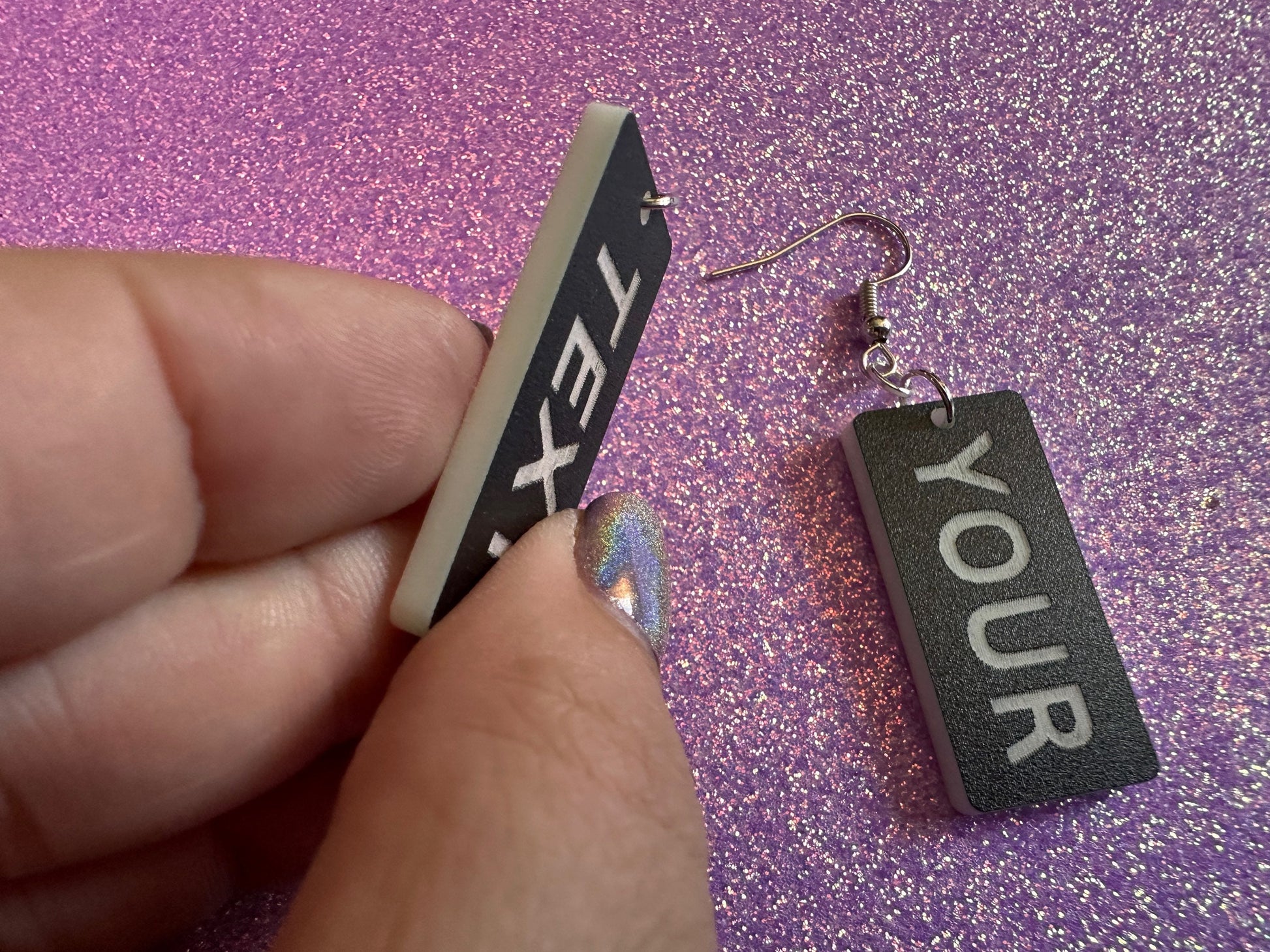 Custom Text Earrings: Laser Engraved Words, Black with White Text, Letters, Names, Teacher Gift, Anniversary, Best Gifts for Her/Him/Them