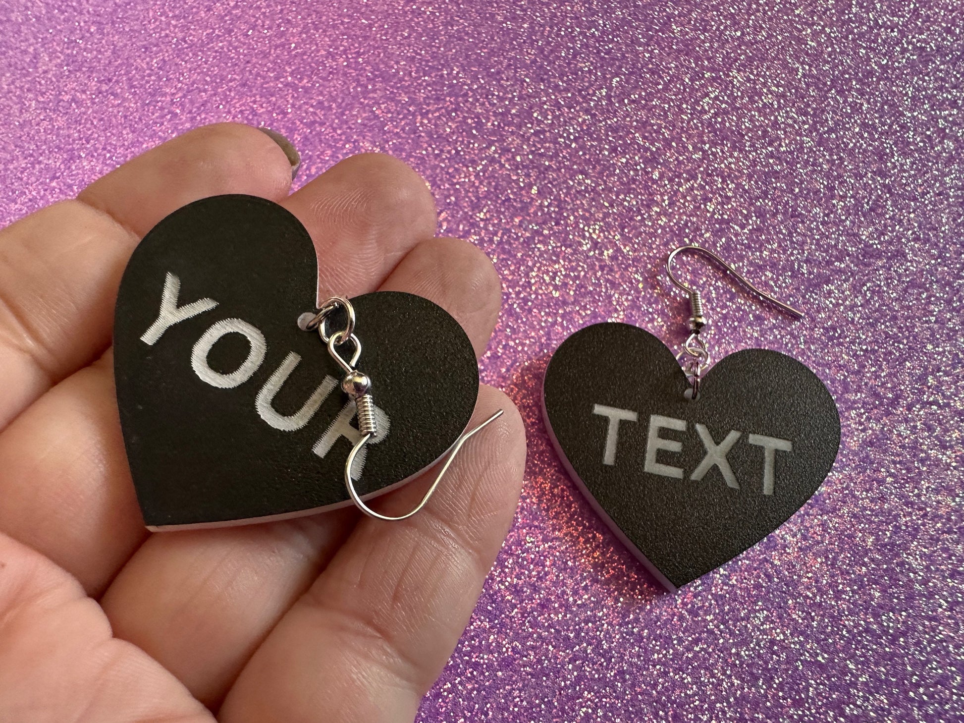 Custom Text Earrings: Laser Engraved Words, Black with White Text, Letters, Names, Teacher Gift, Anniversary, Best Gifts for Her/Him/Them