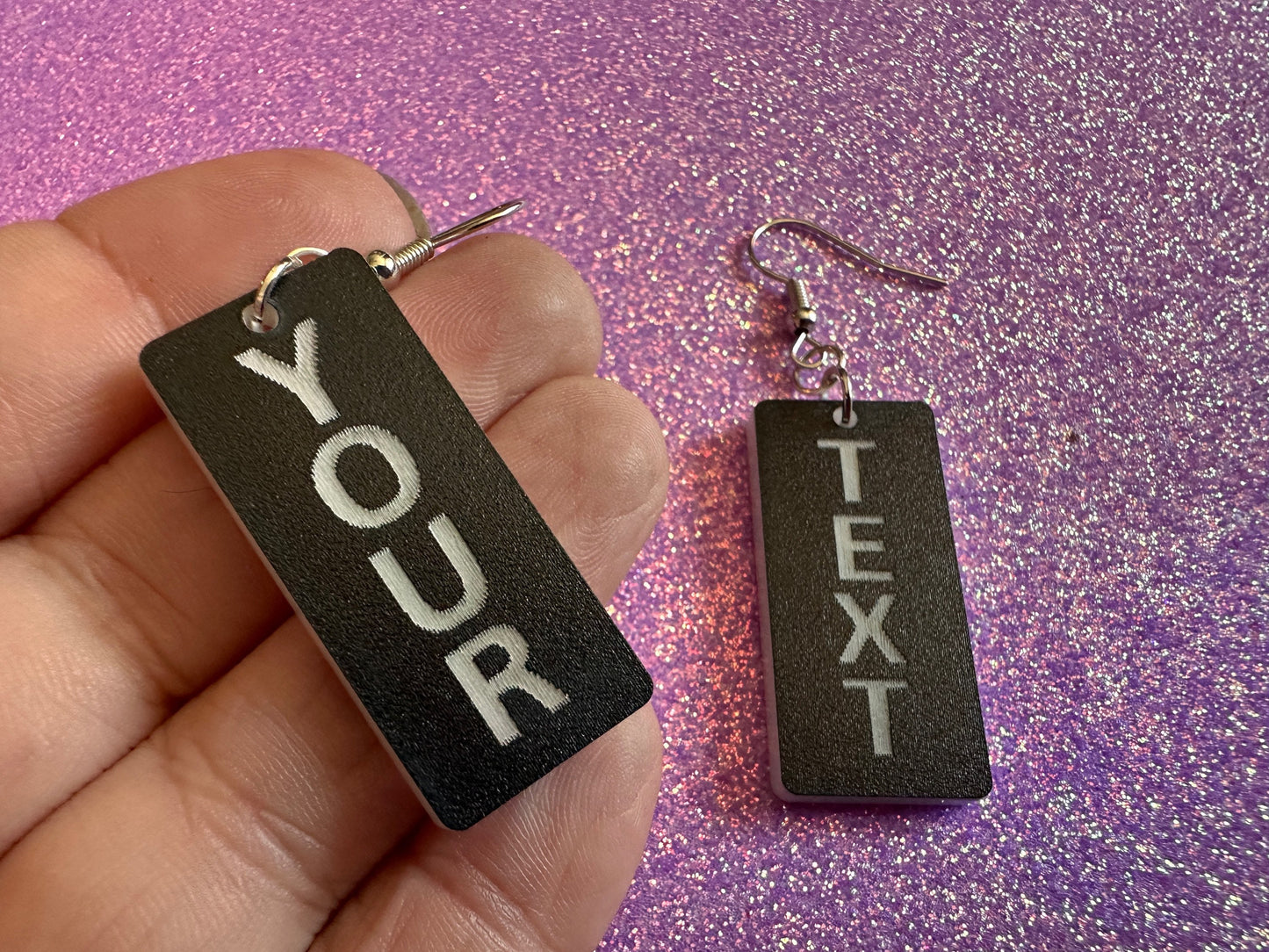 Custom Text Earrings: Laser Engraved Words, Black with White Text, Letters, Names, Teacher Gift, Anniversary, Best Gifts for Her/Him/Them