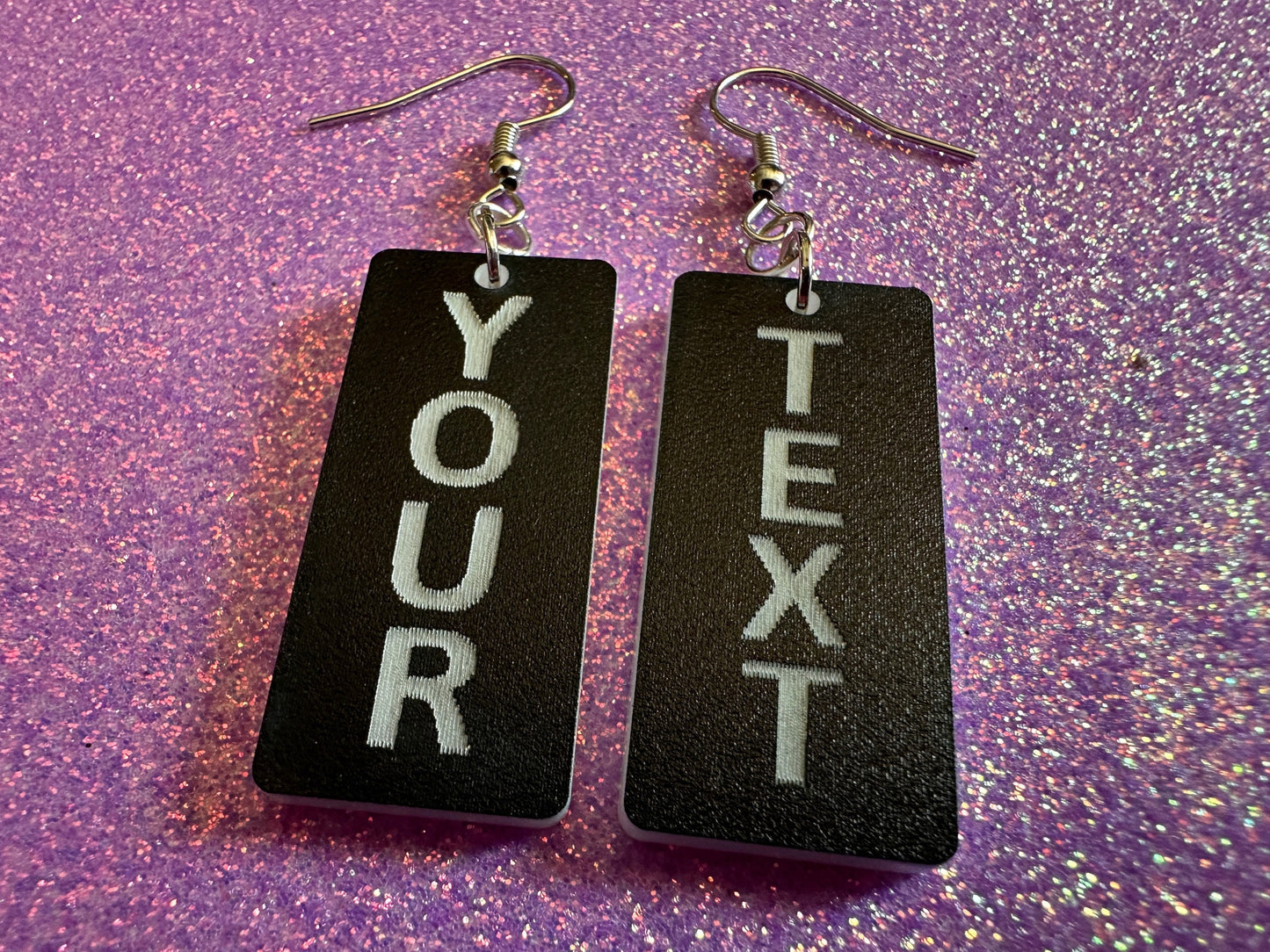 Custom Text Earrings: Laser Engraved Words, Black with White Text, Letters, Names, Teacher Gift, Anniversary, Best Gifts for Her/Him/Them