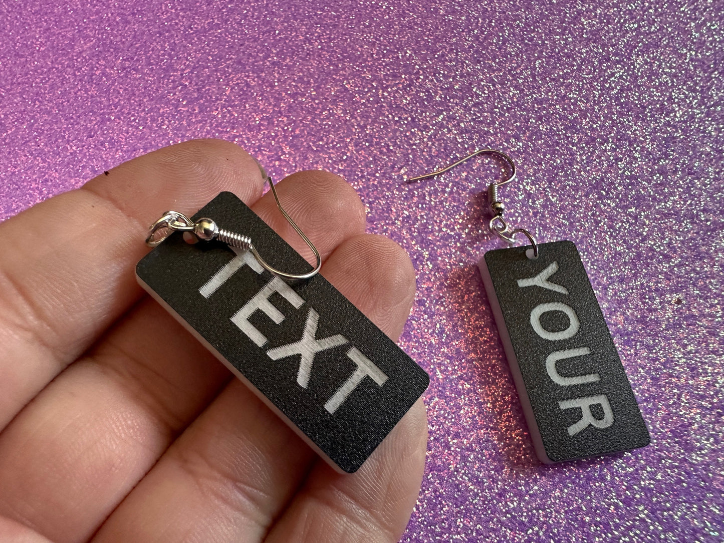 Custom Text Earrings: Laser Engraved Words, Black with White Text, Letters, Names, Teacher Gift, Anniversary, Best Gifts for Her/Him/Them