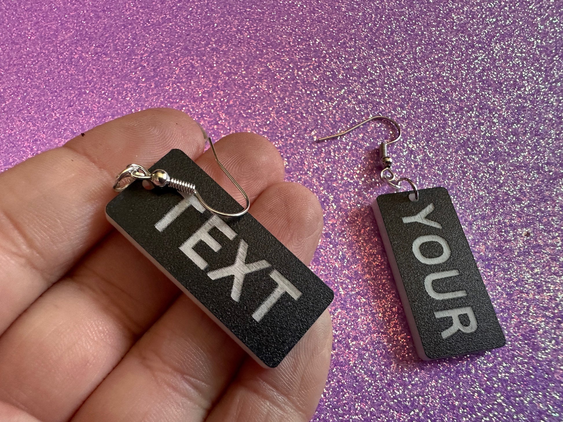 Custom Text Earrings: Laser Engraved Words, Black with White Text, Letters, Names, Teacher Gift, Anniversary, Best Gifts for Her/Him/Them