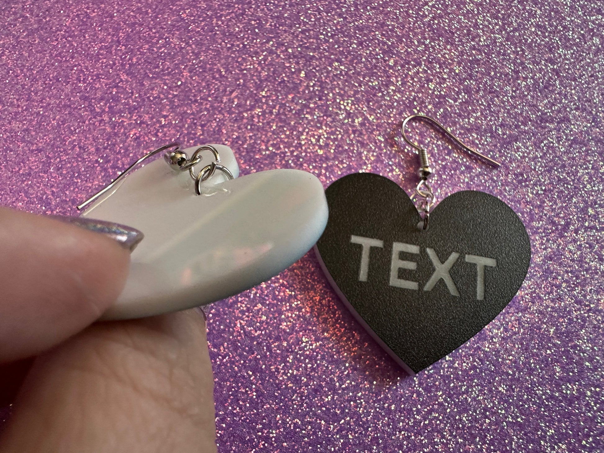 Custom Text Earrings: Laser Engraved Words, Black with White Text, Letters, Names, Teacher Gift, Anniversary, Best Gifts for Her/Him/Them