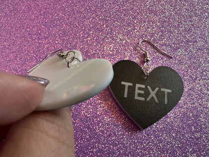 Custom Text Earrings: Laser Engraved Words, Black with White Text, Letters, Names, Teacher Gift, Anniversary, Best Gifts for Her/Him/Them