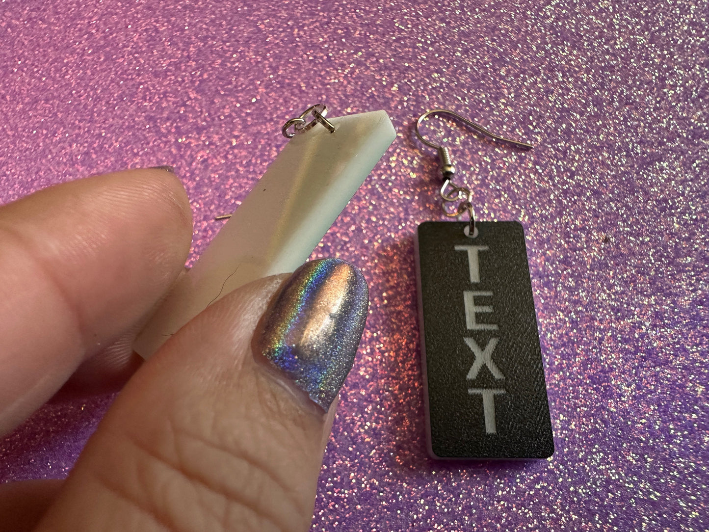 Custom Text Earrings: Laser Engraved Words, Black with White Text, Letters, Names, Teacher Gift, Anniversary, Best Gifts for Her/Him/Them