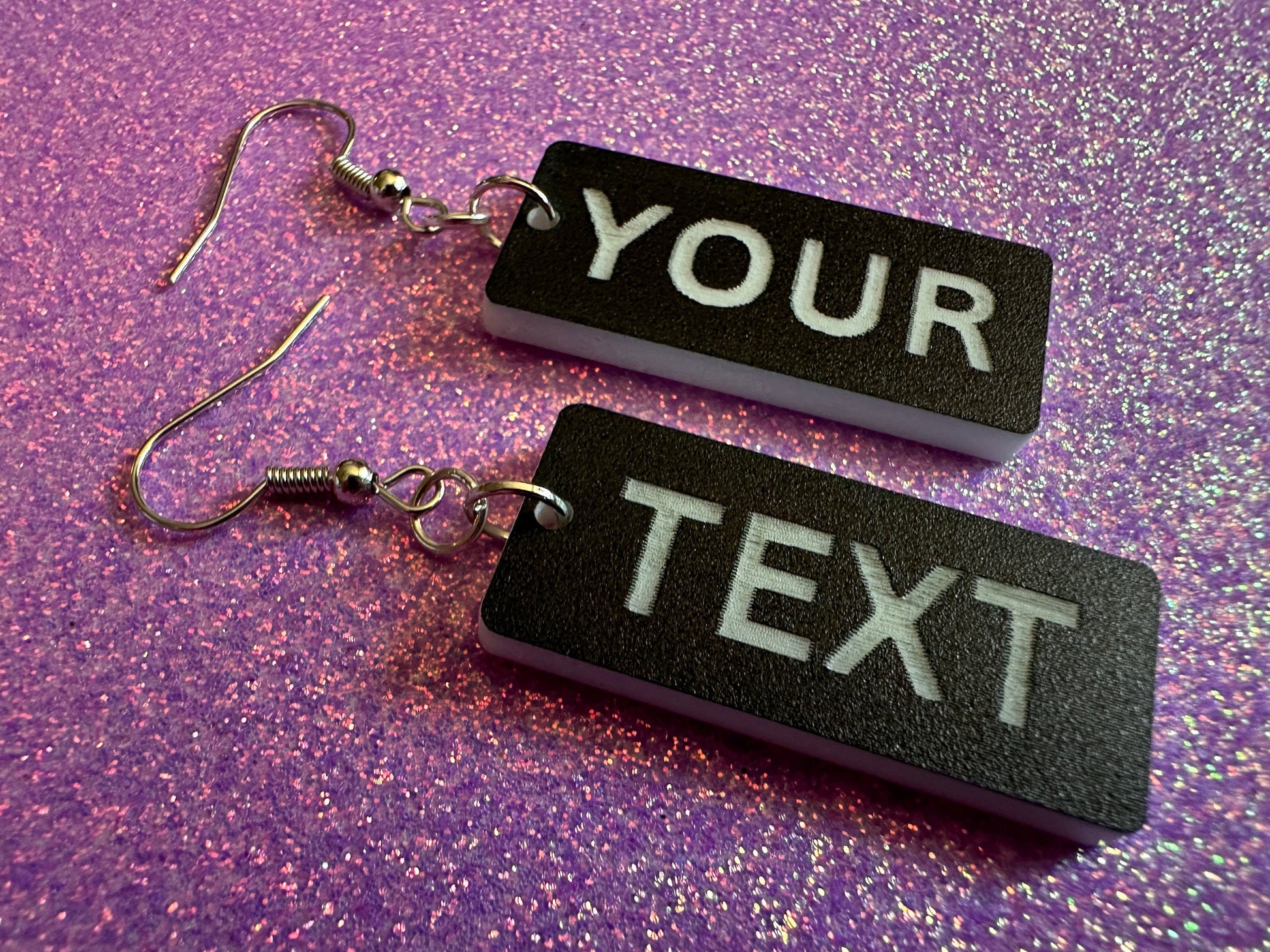 Custom Text Earrings: Laser Engraved Words, Black with White Text, Letters, Names, Teacher Gift, Anniversary, Best Gifts for Her/Him/Them