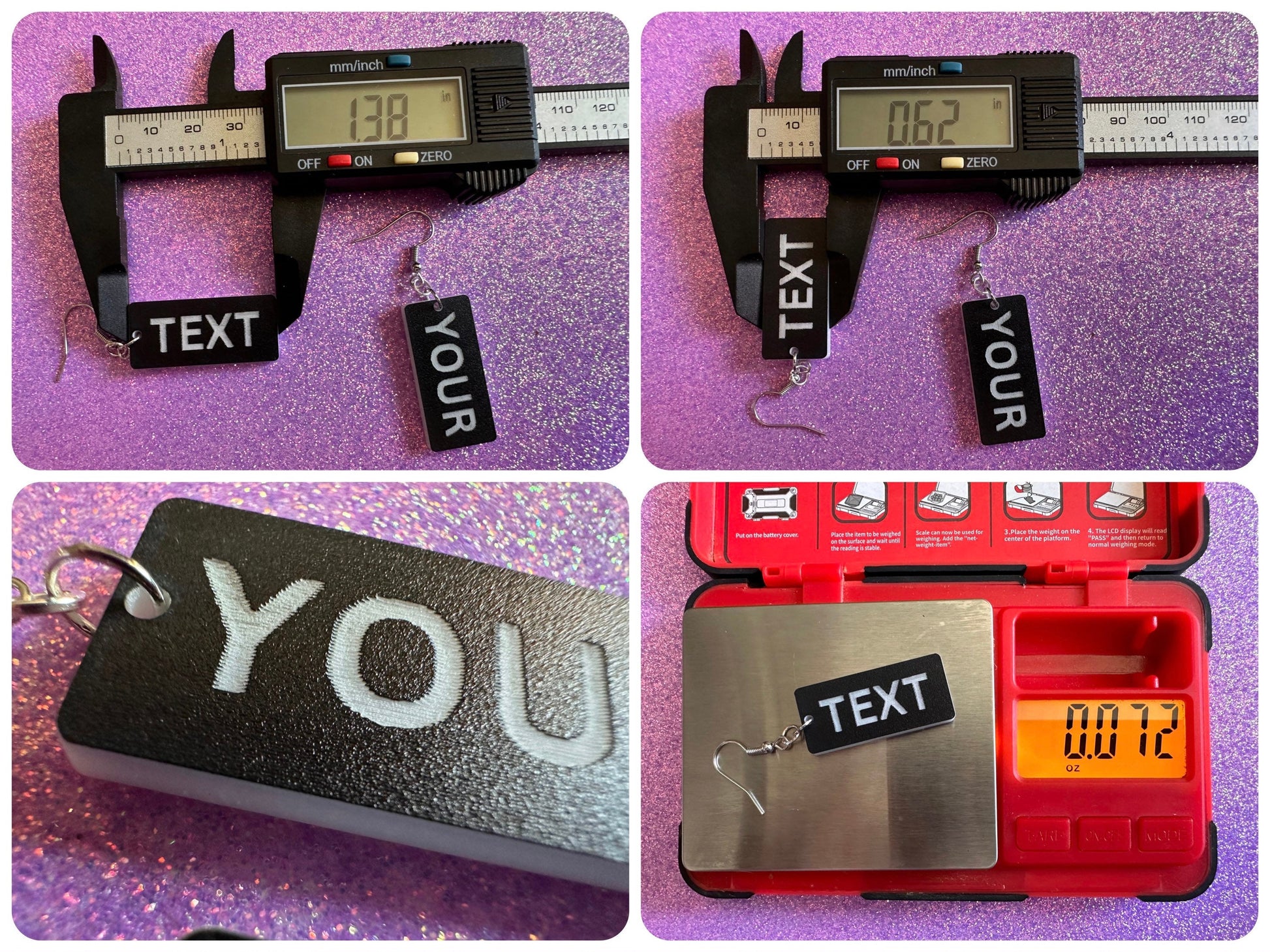 Custom Text Earrings: Laser Engraved Words, Black with White Text, Letters, Names, Teacher Gift, Anniversary, Best Gifts for Her/Him/Them