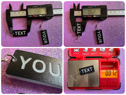 Custom Text Earrings: Laser Engraved Words, Black with White Text, Letters, Names, Teacher Gift, Anniversary, Best Gifts for Her/Him/Them