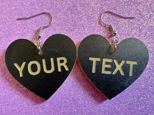 Custom Text Earrings: Laser Engraved Words, Black with Yellow Text, Letters, Names, Teacher Gift, Anniversary, Best Gifts for Her/Him/Them