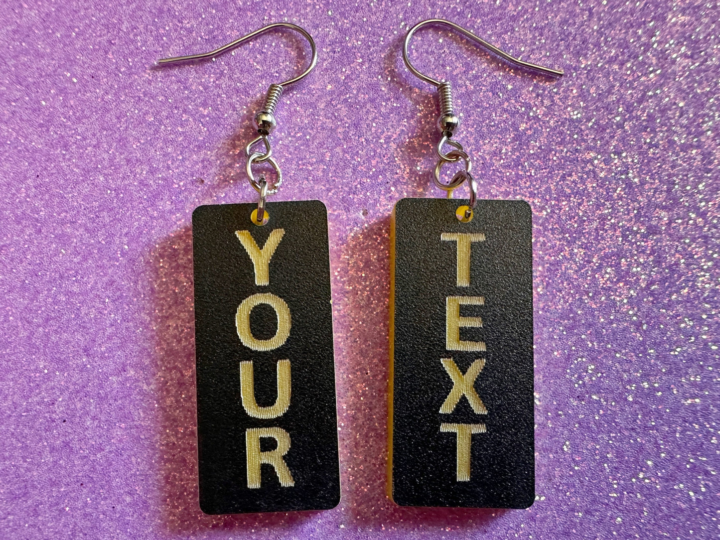 Custom Text Earrings: Laser Engraved Words, Black with Yellow Text, Letters, Names, Teacher Gift, Anniversary, Best Gifts for Her/Him/Them