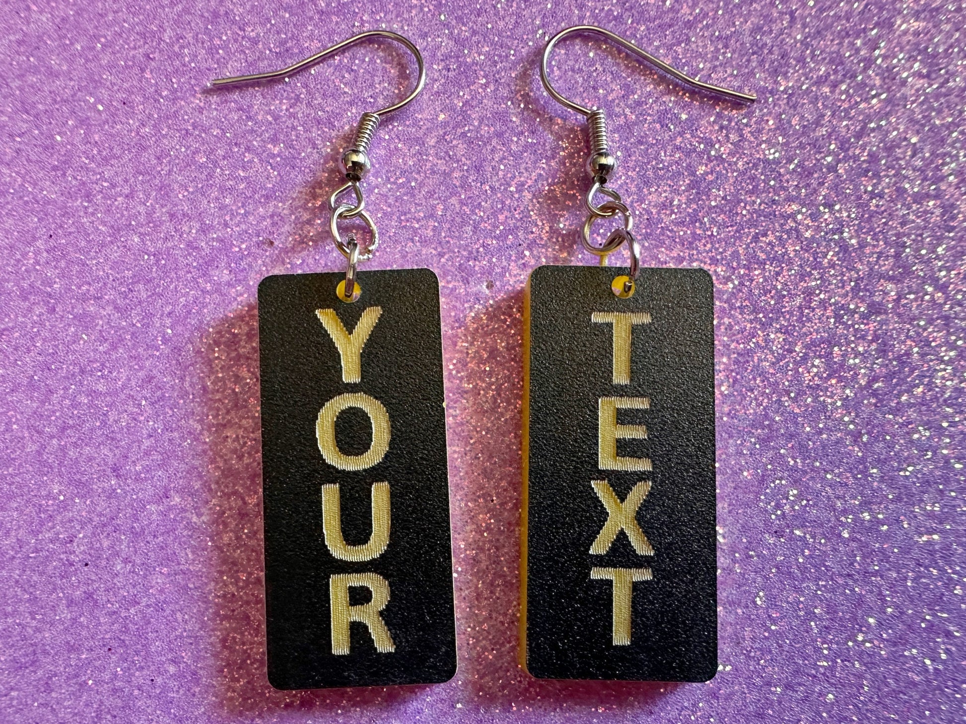 Custom Text Earrings: Laser Engraved Words, Black with Yellow Text, Letters, Names, Teacher Gift, Anniversary, Best Gifts for Her/Him/Them