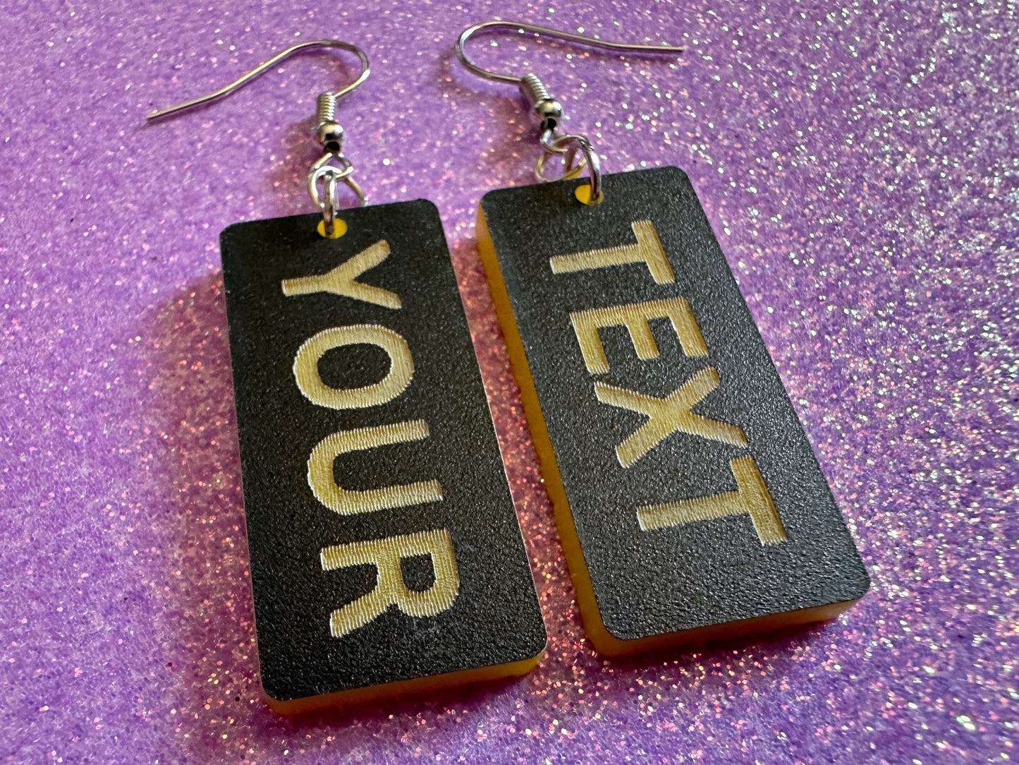 Custom Text Earrings: Laser Engraved Words, Black with Yellow Text, Letters, Names, Teacher Gift, Anniversary, Best Gifts for Her/Him/Them
