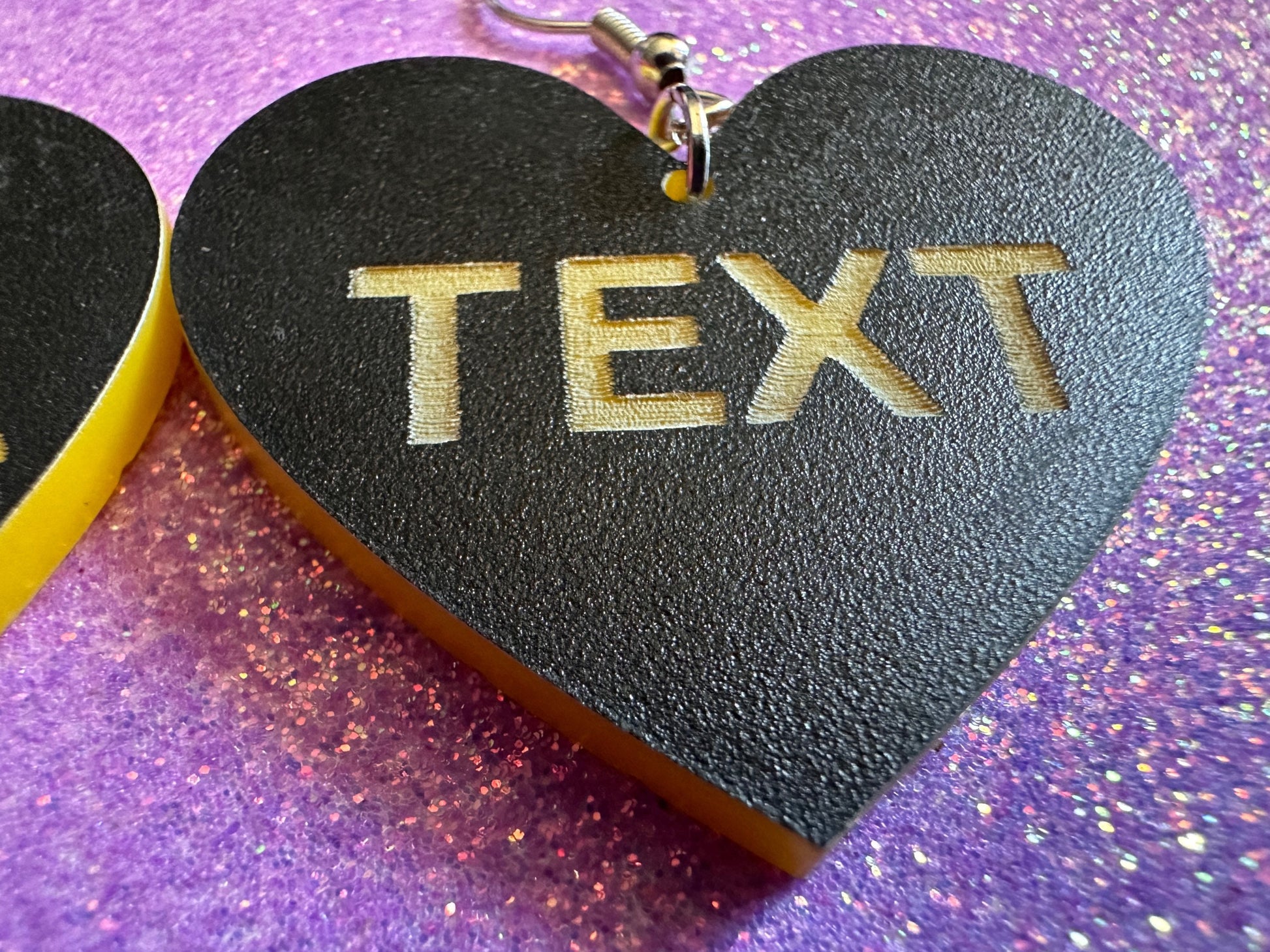 Custom Text Earrings: Laser Engraved Words, Black with Yellow Text, Letters, Names, Teacher Gift, Anniversary, Best Gifts for Her/Him/Them