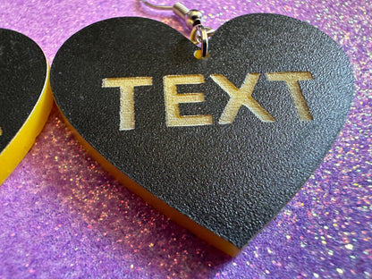 Custom Text Earrings: Laser Engraved Words, Black with Yellow Text, Letters, Names, Teacher Gift, Anniversary, Best Gifts for Her/Him/Them