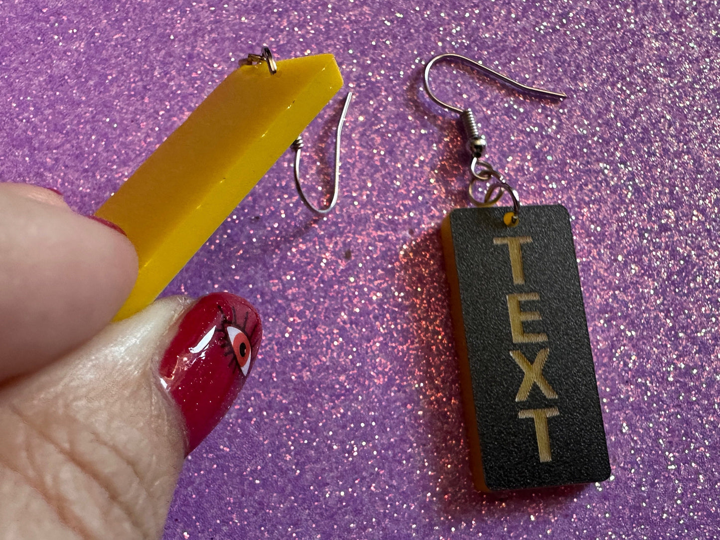 Custom Text Earrings: Laser Engraved Words, Black with Yellow Text, Letters, Names, Teacher Gift, Anniversary, Best Gifts for Her/Him/Them